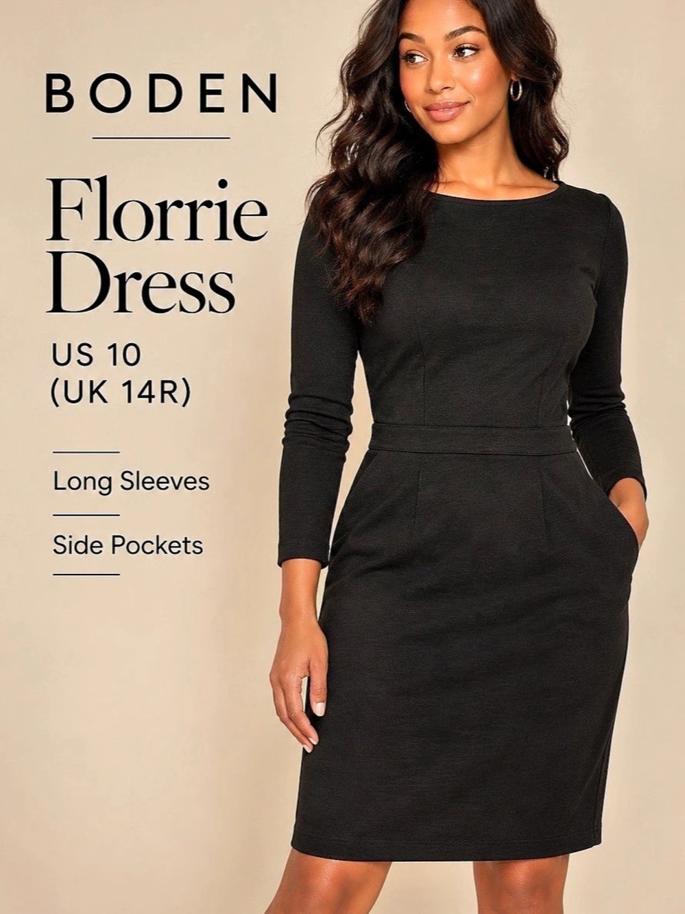 Boden Florrie Long Sleeve Black Cotton Dress US 10 NWT